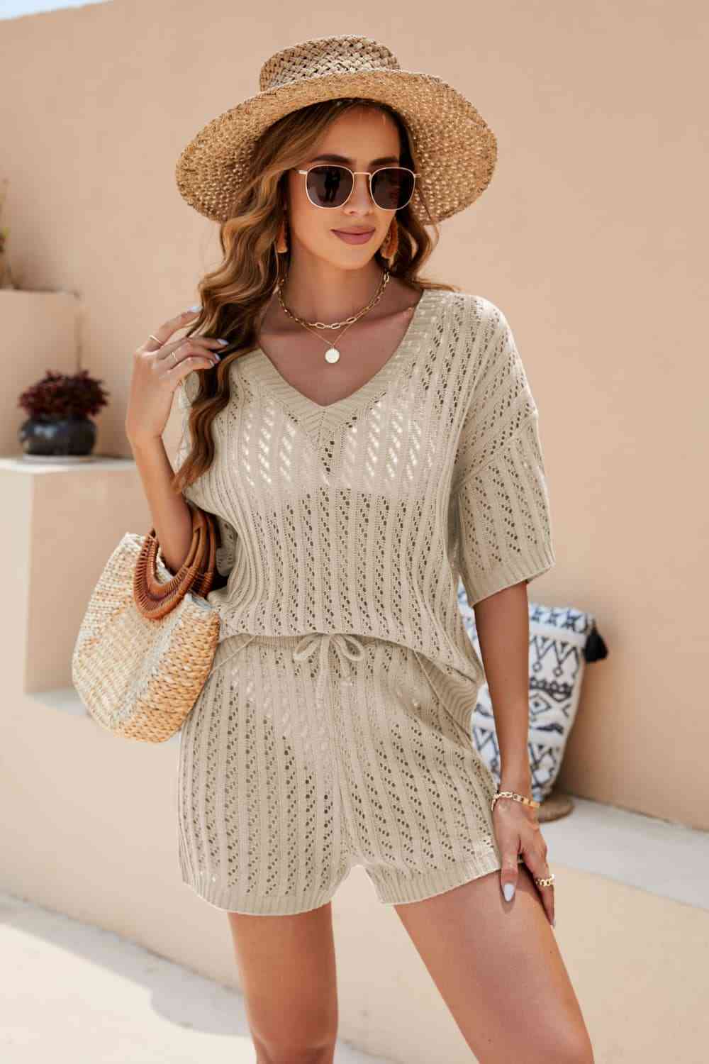 Crochet V-Neck Top and Shorts Set