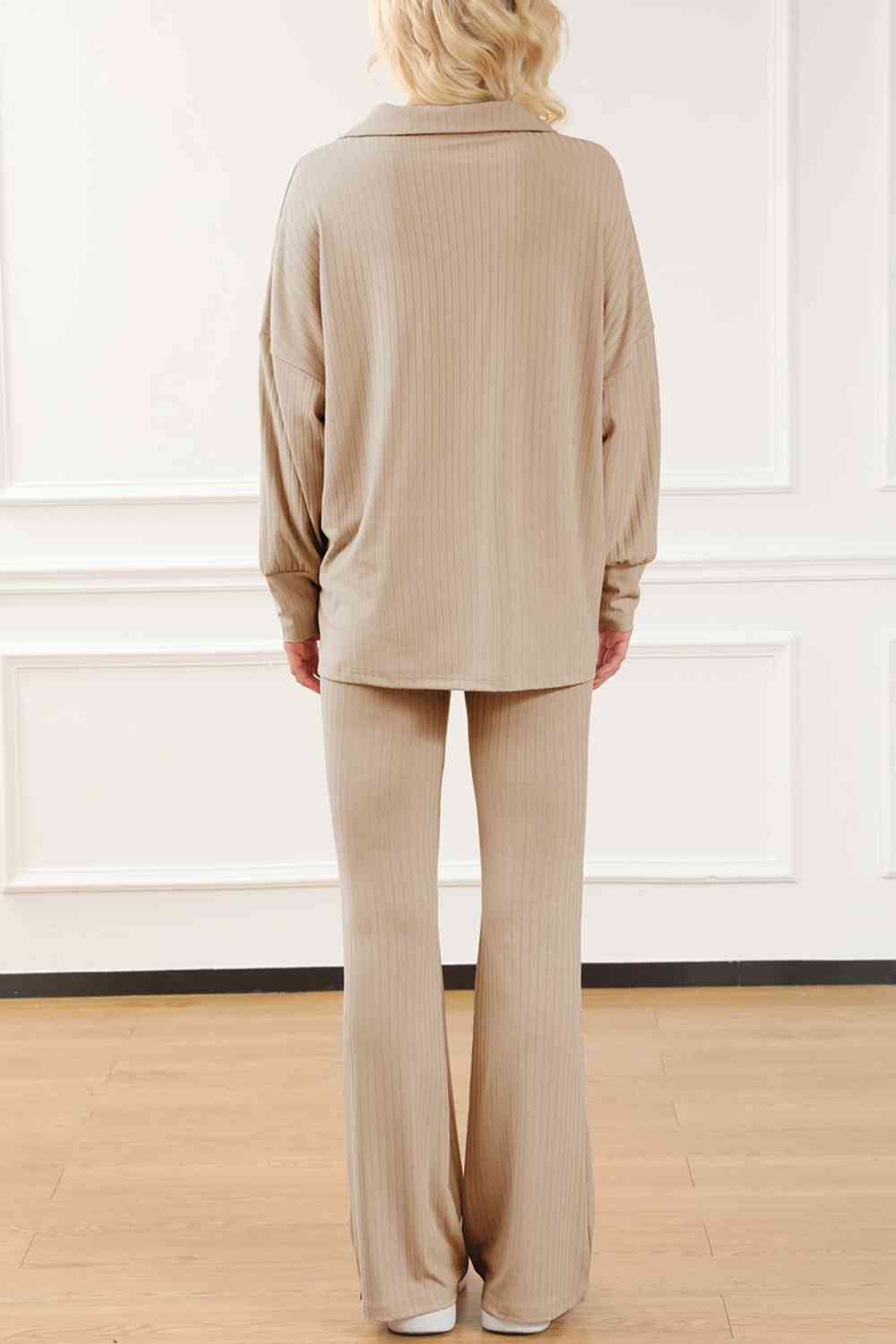 Sand Collared Neck Drop Shoulder Top and Pants Set