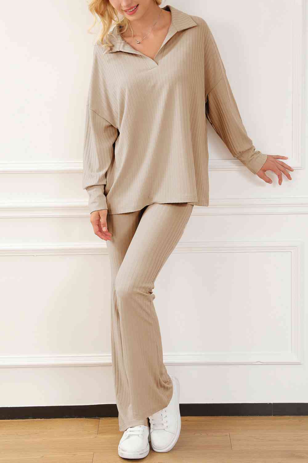 Sand Collared Neck Drop Shoulder Top and Pants Set