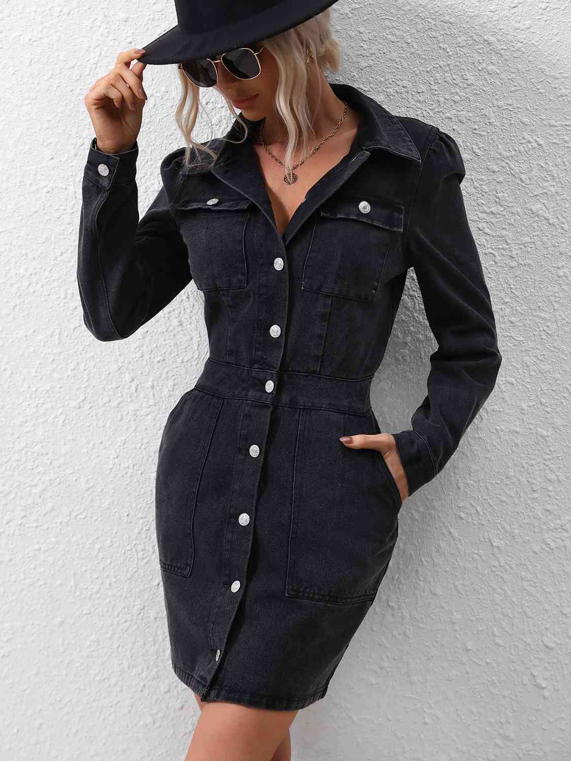 Black Button Down Denim Dress with Pockets