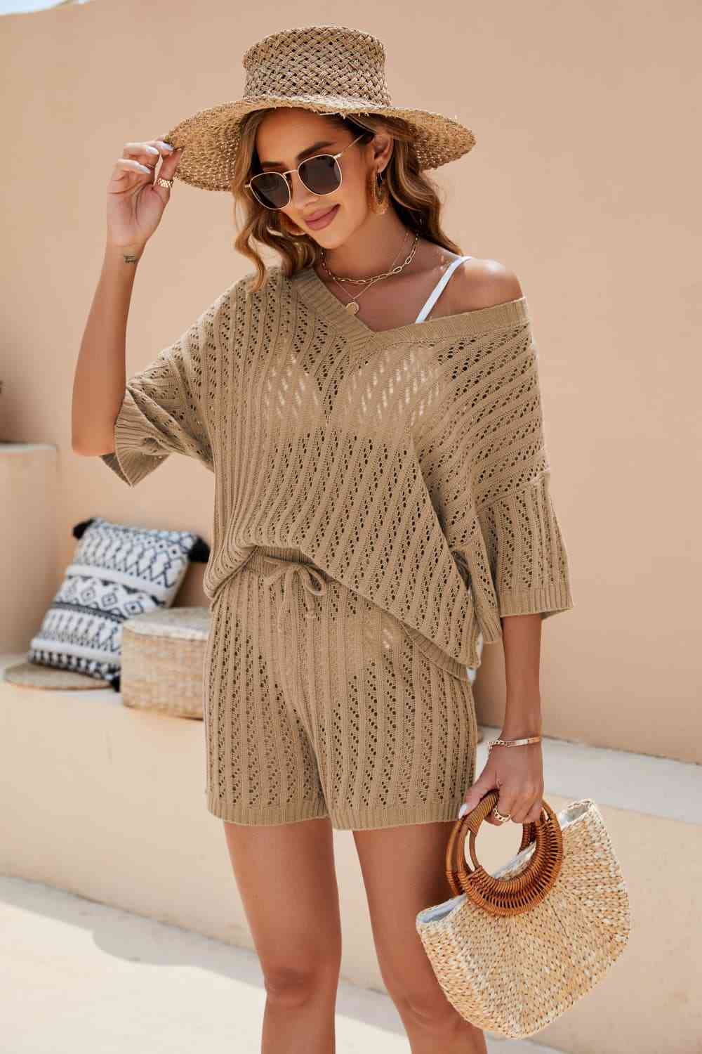 Crochet V-Neck Top and Shorts Set