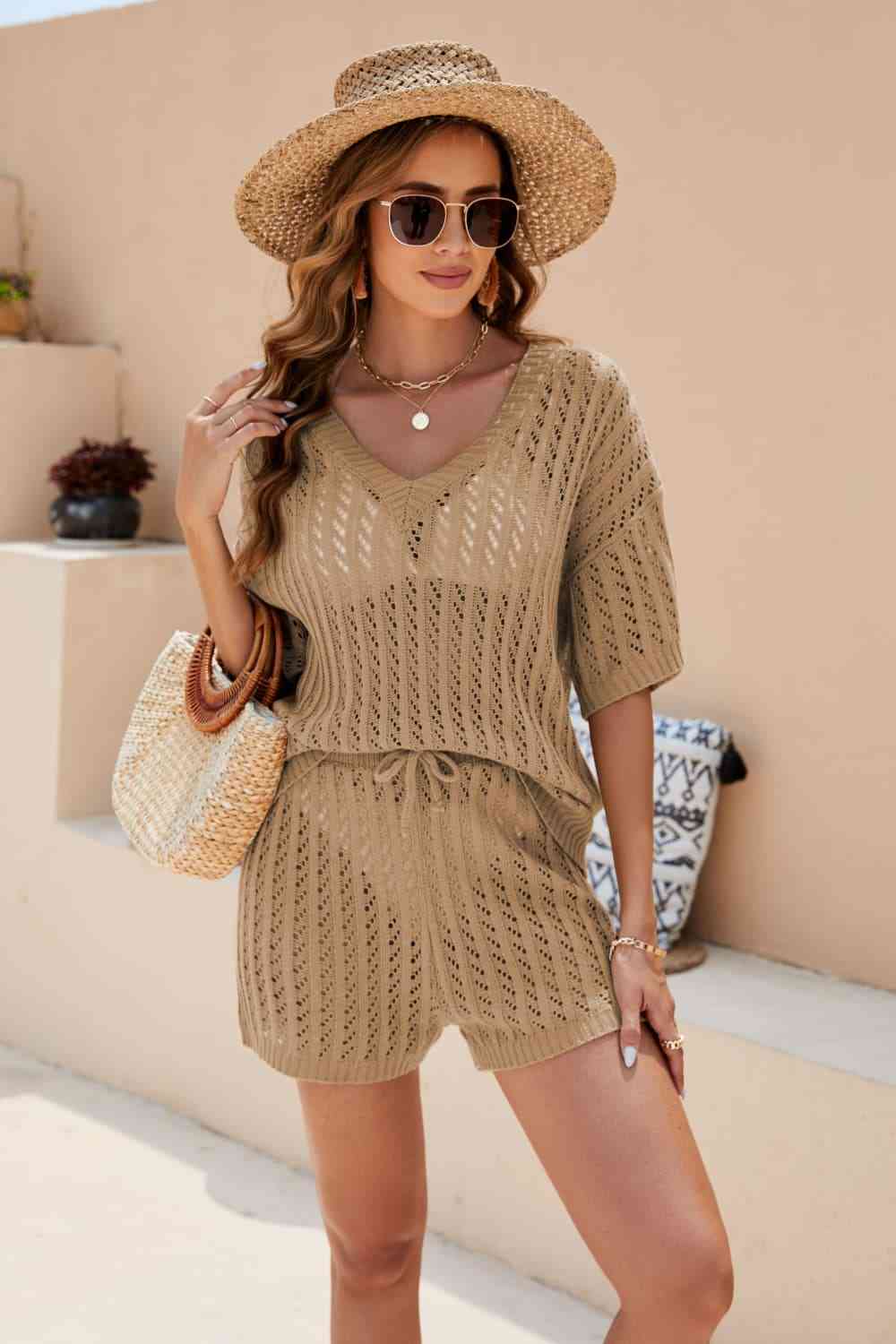 Crochet V-Neck Top and Shorts Set