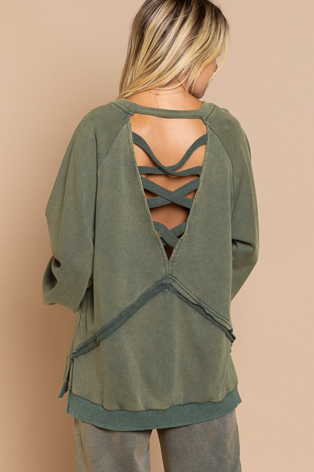 Back Cross Strap Detail Balloon Sleeve Sweatshirt
